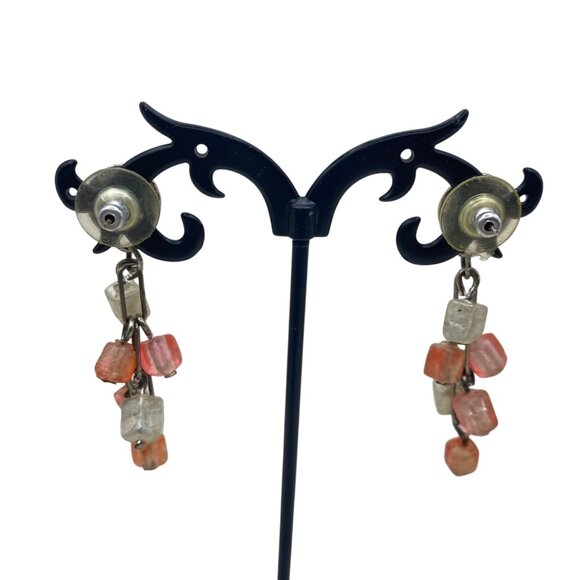 Pink Silver Tone Necklace Earring Set Leaf Accents 46" Paperclip Chain 2" Dangle - Picture 6 of 7